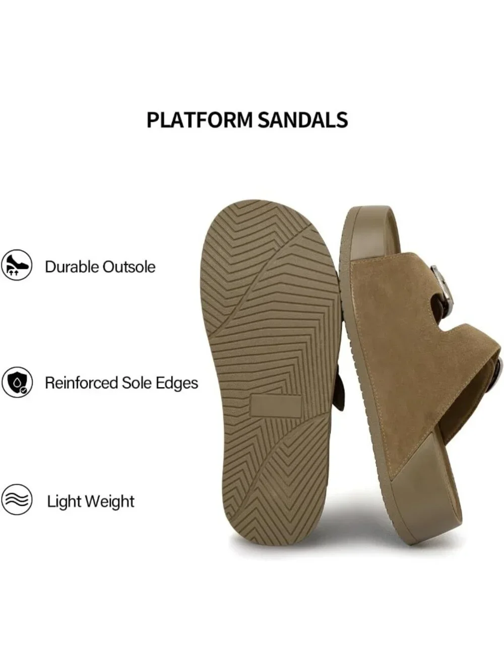 Women's Khaki Slide Buckle Genuine Leather Slip on Beach Platform Sandal Shoes